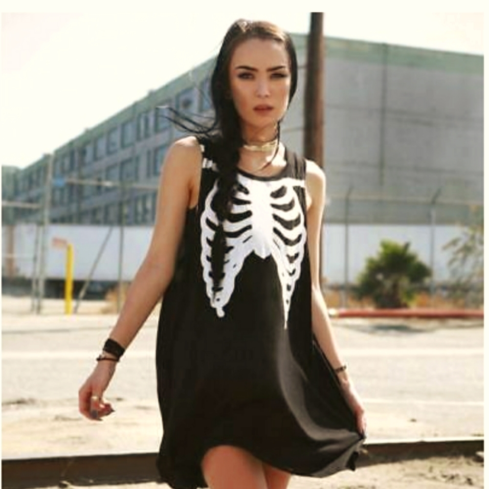 Sleeveless Black Dress with White Skeleton Print